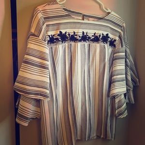 Loft Striped Blouse with Flower embroidery